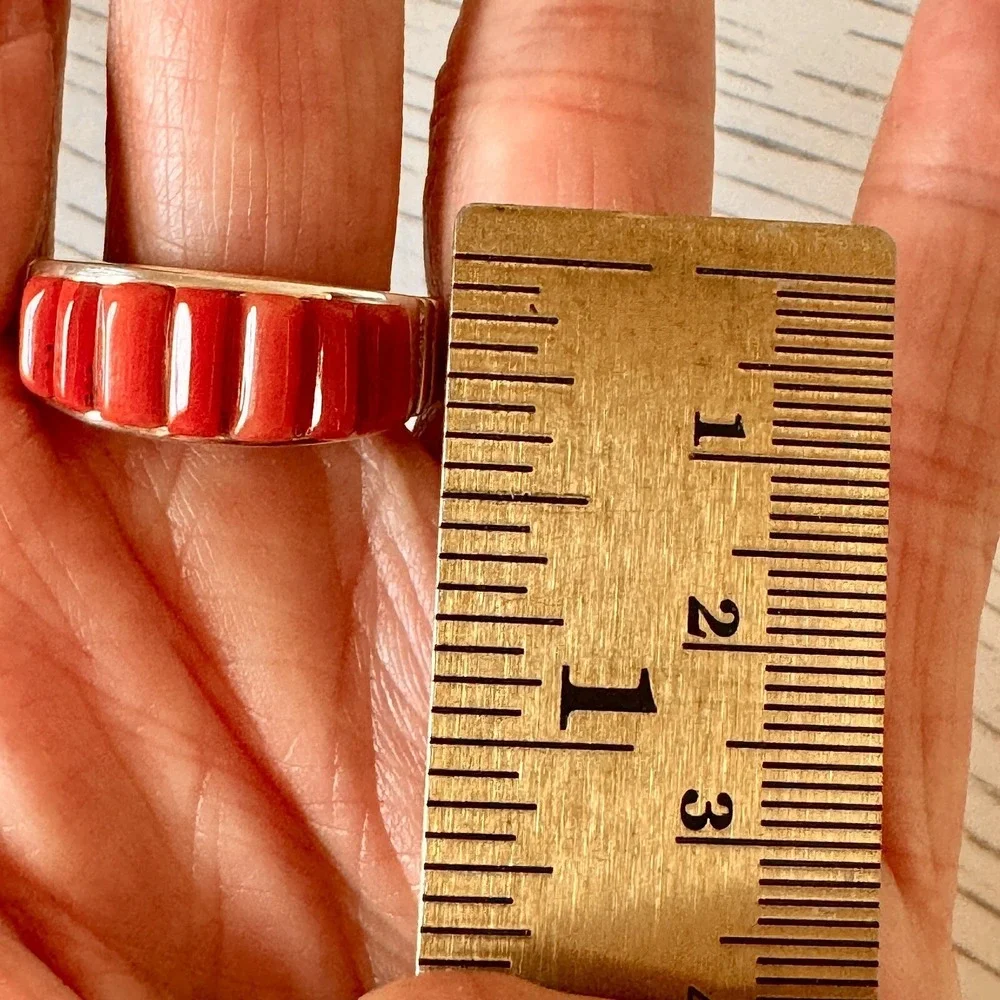 Navajo Red Coral Wedding‎ Band Sz 12.5 Mens Ring 10mm Corn Inlay Signed Rick T